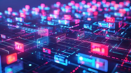 Abstract digital network of glowing squares, lines, and dots in pink, blue, and yellow.