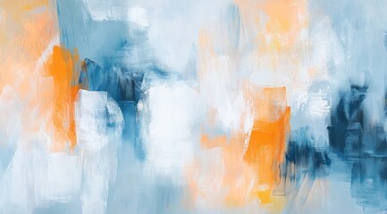 Abstract Painting in Light Blue, White, and Orange Tones with Soft Edges and Blurred Details. Contemporary Art with Brush Strokes on a Neutral Background