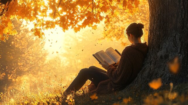 Cozy Autumn Retreat: A Serene Scene of a Reader in a Warm Cardigan by a Tree, Perfect for a Relaxing Poster to Enhance Your Home or Cafe Decor