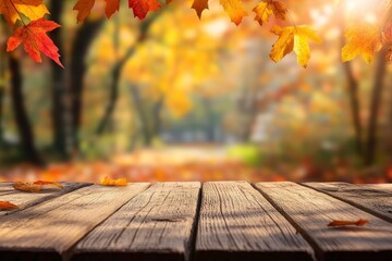 wooden table and blurred Autumn background. Autumn concept with red-yellow leaves background with generative ai