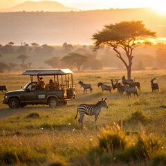A safari car driving through an African savannah at sunrise, with  zebras and giraffes grazing in the background