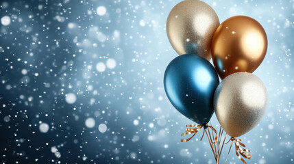 Holiday background with golden and blue metallic balloons, confetti and ribbons.