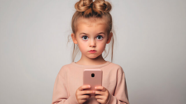 A child holding a cell phone. AI generative