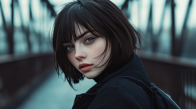 Short hair girl, bridge pic, blk jkt