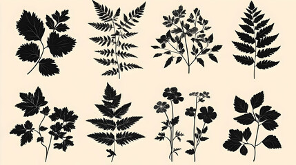 Black and White Floral Silhouettes Botanical Illustration Nature Design Elements