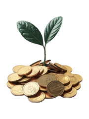 Sprouting plant growing from a pile of coins, symbolizing investment, growth, savings, finance, and sustainability.