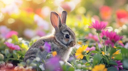 A cute and witty small easter bunny rabbit playing amidst springtime flowers