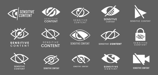 Sensitive content icons. Vector warning censor eye signs of photo and video content censorship. Crossed out eye, video camera, padlock and play button warning symbols for social media censorship