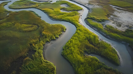 The drone captures a coastal wetland at low tide, where meandering streams cut through the muddy landscape.