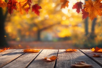 wooden table and blurred Autumn background. Autumn concept with red-yellow leaves background with generative ai