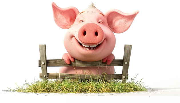 recommend clip art: happy cute smiling little pig farm barn, hay, green grass, wooden fence, copy space