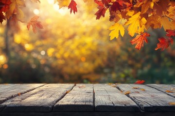 wooden table and blurred Autumn background. Autumn concept with red-yellow leaves background with generative ai