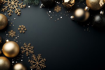 Modern minimalistic background with black and gold color, Christmas decoration elements like snowflakes and baubles