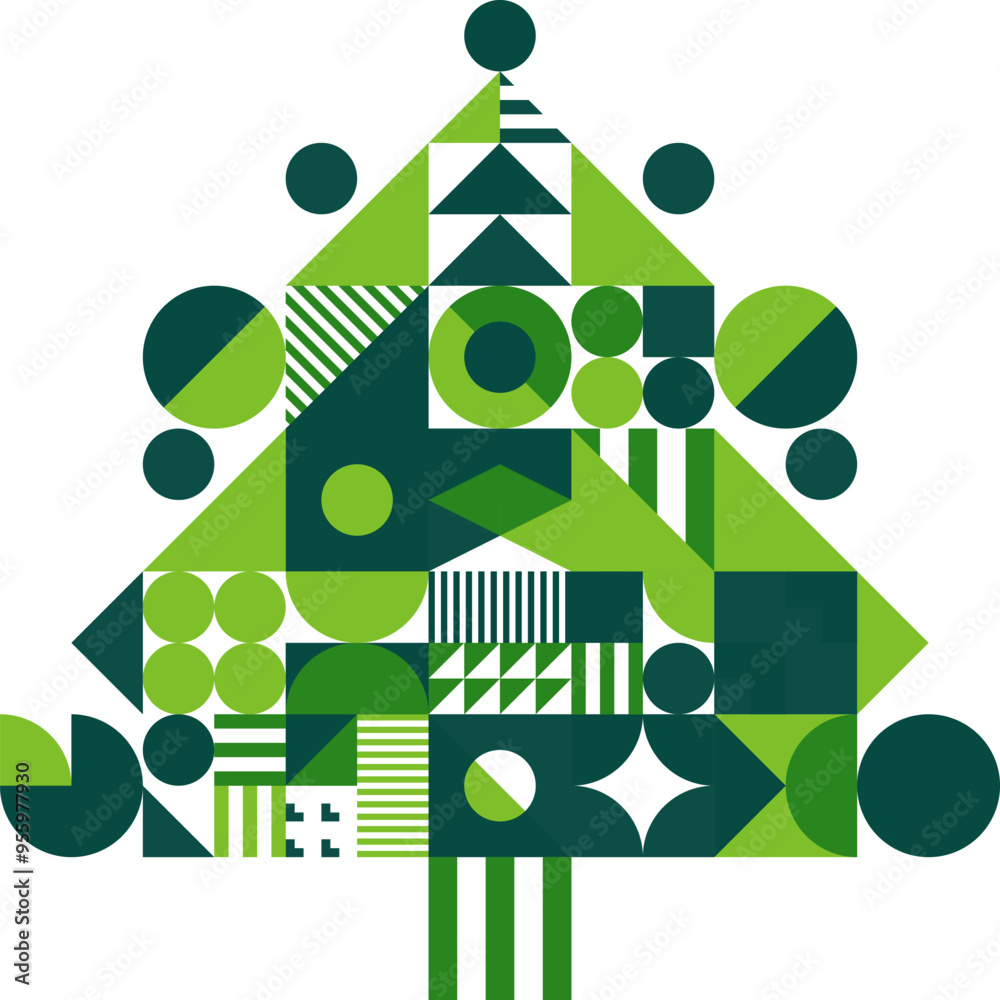 Poster Christmas holiday geometric abstract pine tree. Vector modern minimal pattern in shape of Xmas tree with green circles, squares and triangles mosaic. Abstract geometric ornament for Christmas card