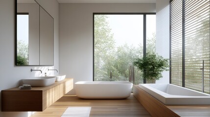 Modern bathroom design featuring a freestanding tub, sleek sink, and large windows with a view of greenery.