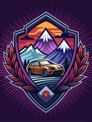 Obraz premium Mountainous Sunset With Orange Car In A Shield