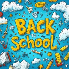 Fototapeta premium Back to School Illustration with Colorful Doodle Objects on Blue Background