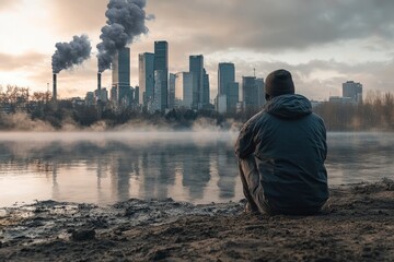 Young man sitting on drying river and looking to polluted city with smoke of co2, carbon dioxide on background. Metaphoric of Environment damage, Climate change and pollution with generative ai