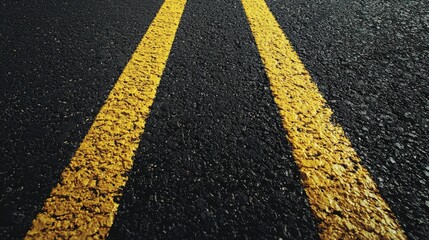 Fototapeta premium Two yellow lines on black asphalt