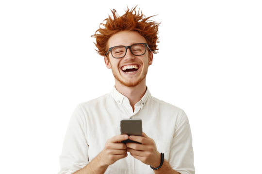 Young man laughing at his mobile phone, full depth of field, cut-out transparent or white background