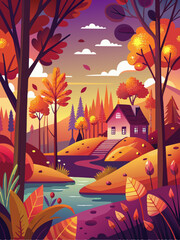 Autumnal Cottage by a Winding River