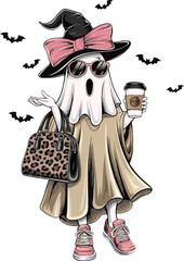 Obraz premium Cute Funny Ghost Png Cute Halloween Png Halloween Fall Cute Ghost & Coffee Png