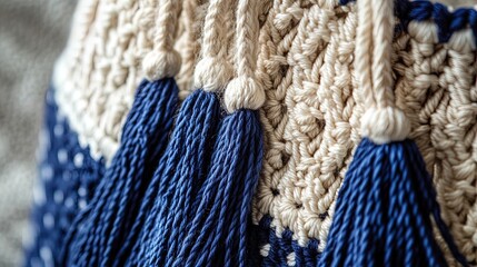 Stylish Crochet Glasses Bag with Oversized Tassels in Deep Blue and Crisp White: Perfect for Eyewear Storage or as a Trendy Poster for Your Sporty Interior Decor!