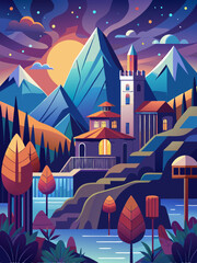 A Nighttime View of a Picturesque Village Nestled Amidst Majestic Mountains