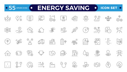 Energy Saving outline icon set with conservation, reduce waste, consumption, management, efficiency, gas emission and green house. Eco related icons. Editable stroke outline icon. 