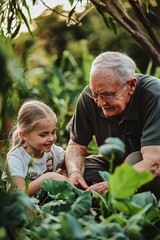 Fototapeta premium A grandparent sharing life lessons with grandchildren in a peaceful garden. Outdoor setting with family photos