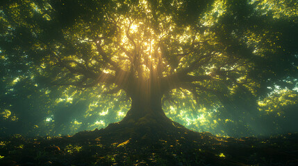 Obraz premium Beautiful big banyan tree from the surrounding trees, bottom view