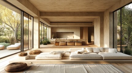 Modern, minimalist living space with natural light and greenery.