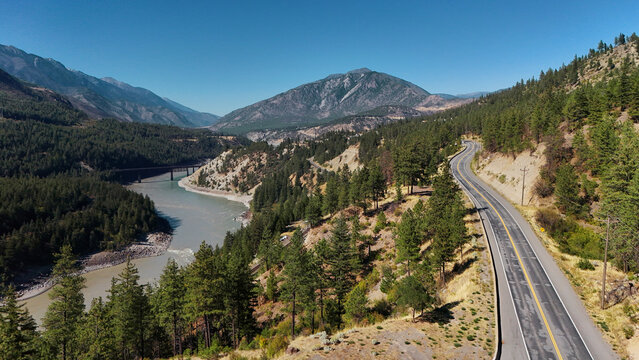 Aerial view of Highway 1 next to Fraser Canyon close to Lytton during a summer season in British Columbia, Canada