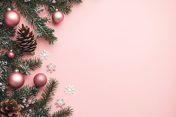 Pink background with white snowflakes, pink Christmas ornaments
