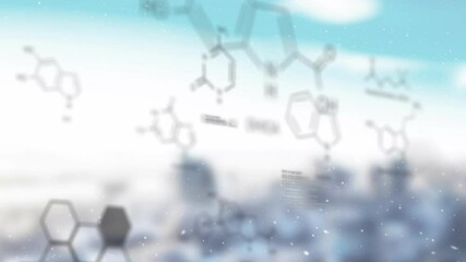 Chemical formulas and molecular structures animation over blurred cityscape background - Powered by Adobe