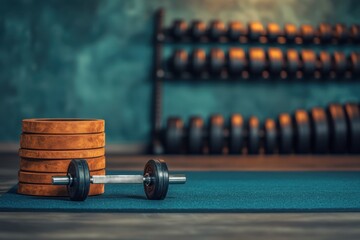 Naklejka premium A collection of weightlifting gear: dumbbells, a barbell, and a lifting belt, neatly arranged on a gym mat, with a rack of weights in the background