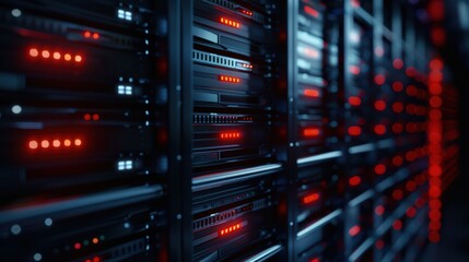 Modern Data Center with Rows of Server Racks and Red LED Lights in a High-Tech Environment