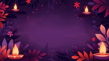 Elegant Diwali Festival Background with Lit Oil Lamps and Colorful Leaves in a Dark Purple Setting