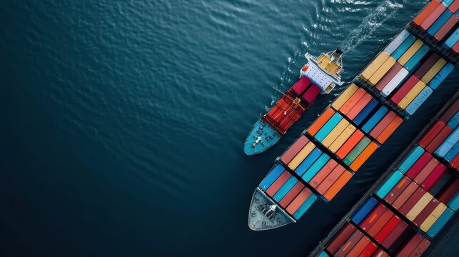 Aerial View of Cargo Ships and Colorful Containers in a Busy Shipping Port on a Clear Day