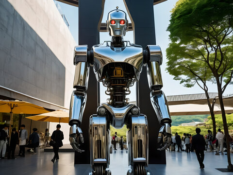 Futuristic silver cyborg robot being made by the machines, Fantasy and gaming humanoid.