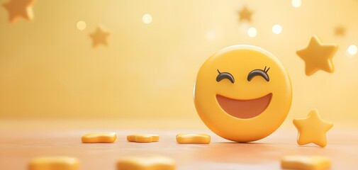 Fototapeta premium A cheerful yellow smiley face surrounded by stars, exuding joy and positivity in a warm, vibrant atmosphere.