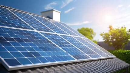 Obraz premium Solar Panels on Residential Roof with Bright Sunlight and Greenery in the Background