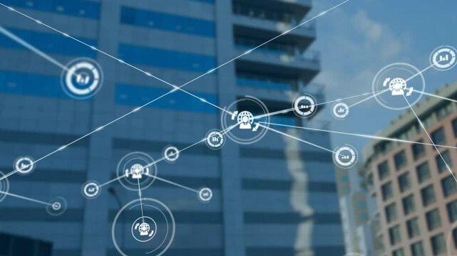 Network of connections and data processing animation over city buildings