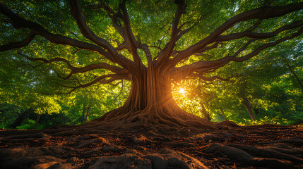 Beautiful big banyan tree from the surrounding trees, bottom view