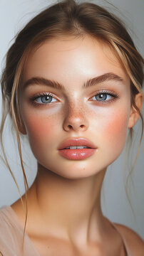 Beautiful model with even skin tone, light blush and a clear lip gloss. AI generative