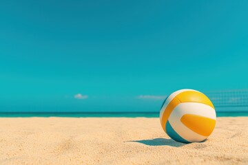 A neatly arranged volleyball set including a ball, net, and knee pads, set on a sandy beach with a...