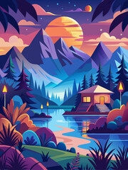 A Cozy Cabin Nestled in a Mountainous Landscape with a Serene Lake and a Golden Sunset