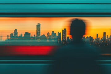 Obraz premium A person looking out of a train window, with a blurred cityscape passing by, representing the emotional journey and sense of leaving home