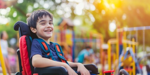 A young child with Cerebral Palsy in a colorful playground. The child is in a wheelchair with custom supports