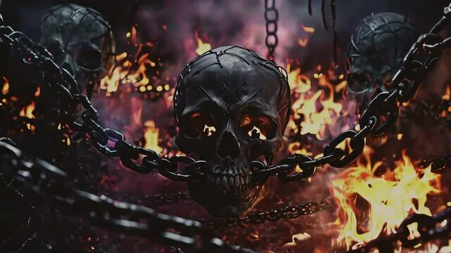 A human skull chained and engulfed in flames.